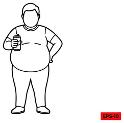 Overweight person holding soda can, outline drawing on white background