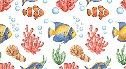 Naklejka premium Watercolor underwater world seamless pattern with fish and coral elements