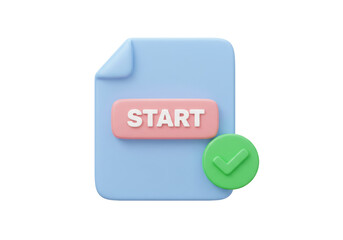 Isolated file with the start button and a checkmark, a digital form and a process completion