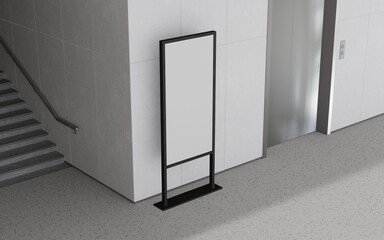 Modern minimalist signpost with blank display in contemporary lobby near elevator and stairs, perfect for custom branding and directional information. © blackmark