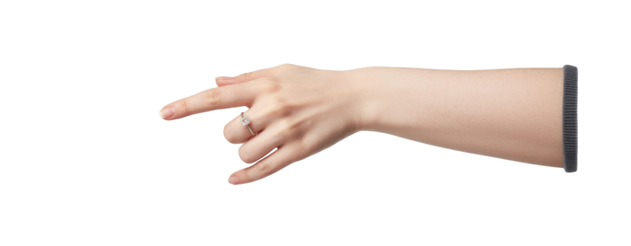 female hand with ring on white background.