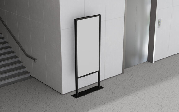 Modern minimalist signpost with blank display in contemporary lobby near elevator and stairs, perfect for custom branding and directional information.