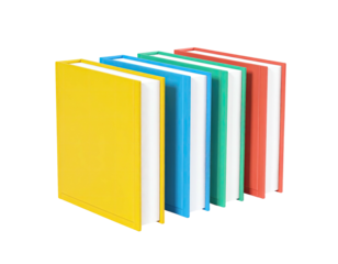 Array of colorful hardback books in vertical position, spine aligned