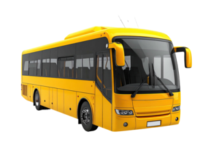 A bright yellow passenger bus, isolated against a stark black background, angled view