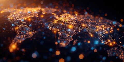 Global network connectivity earth map digital art night scene aerial view modern technology concept
