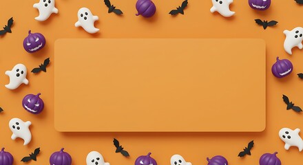 Fototapeta premium Halloween Background with Ghosts, Bats, and Pumpkins on Orange