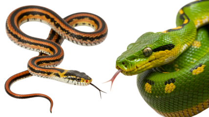 Two snakes confronting each other with tongues out, wild nature