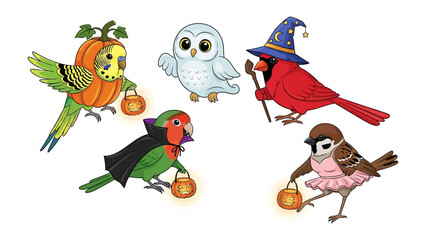 Halloween Birds: A charming illustration presents a quintet of festive birds, each adorned with whimsical Halloween costumes, ready for a night of trick-or-treating.