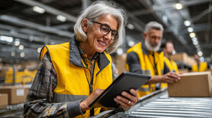 Portrait of smiling senior warehouse workers using digital tablet while standing in warehouse
