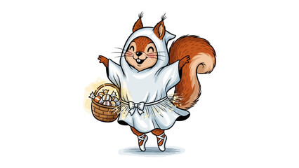Fototapeta premium Whimsical Squirrel Illustration: An adorable squirrel character in a fanciful white attire, ballet shoes and a basket of floral blossoms. The cute image captures the essence of joy and delight.