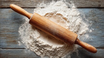 A rolling pin sits atop a mound of flour scattered on a wooden countertop. This scene captures the essence of baking preparing dough for pastries or bread at home.