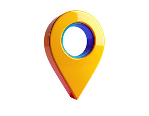 3D rendered, glossy location marker in gold and red hues, centered on a black backdrop