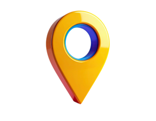 3D rendered, glossy location marker in gold and red hues, centered on a black backdrop