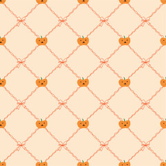 Fototapeta premium Cute Halloween seamless pattern with cartoon pumpkin faces connected by a diagonal lattice made of ribbons and bows. Orange and beige theme. Festive and playful