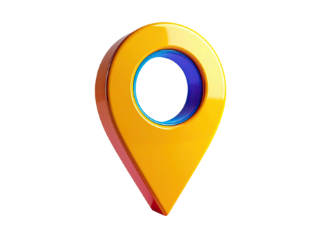 3D rendered, glossy location marker in gold and red hues, centered on a black backdrop