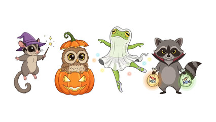 Halloween's Enchanted Menagerie: A whimsical illustration captures the spirit of Halloween with an array of charming animal characters, each adorned in a unique costume.