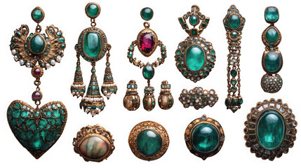 Assortment of antique emerald and ruby jewelry, including earrings, pendants, and rings, isolated on transparent background