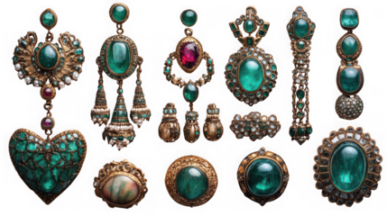 Assortment of antique emerald and ruby jewelry, including earrings, pendants, and rings, isolated on transparent background