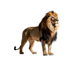 A regal male big cat with a majestic mane and golden fur, isolated on black