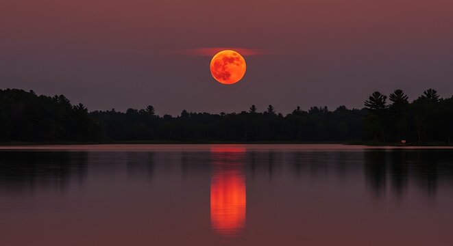 Vibrant red moon reflection over calm lake at dusk with silhouetted trees