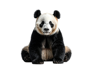 A large panda bear sits centered against a solid black background, facing forward