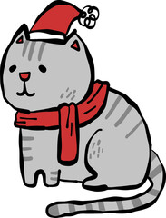 Hand-drawn Illustration of a Cat Wearing Christmas Hat and Scarf