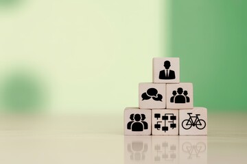 Wooden blocks with business icons stacked in a pyramid shape, symbolizing corporate structure, leadership, teamwork, and communication