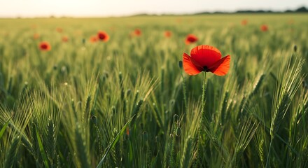 Vibrant red poppy flowers blooming in a lush green wheat field at sunset