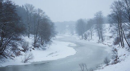 Fototapeta premium Winter landscape of river and snow covered trees overcast sky