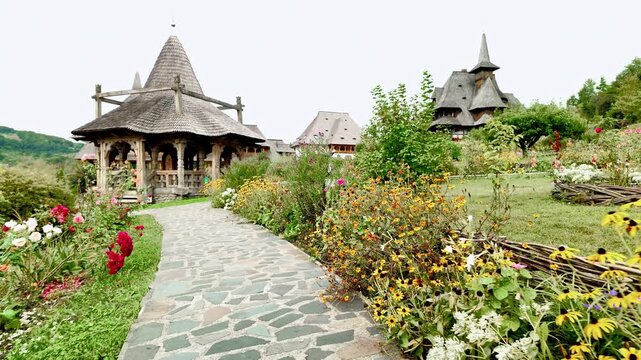 Summer chapel in Barsana monastery gardens Maramures, Push shot