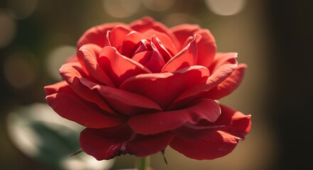 Vibrant red rose blooming with delicate petals against a soft background