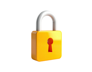 A bright yellow padlock with a white shackle, isolated on black