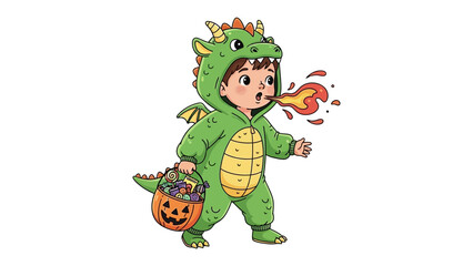 Little Dragon's Halloween Adventure: A vibrant illustration of a child in an adorable dragon costume breathing fire into a trick or treat scene.