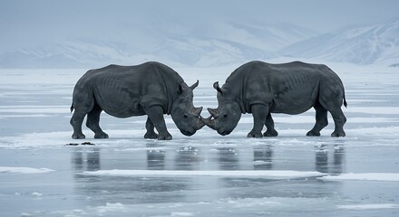 Fototapeta premium Two rhinos touch horns on a frozen lake against a blurred background