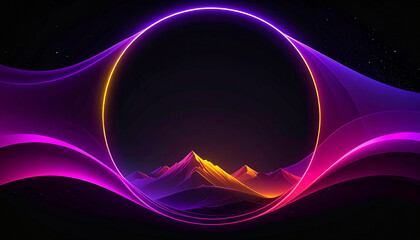 Glowing neon circle over illuminated mountain peaks with purple and pink waves mountains