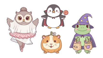 Spooky Companions: Charming illustrations of creatures adorned in festive halloween attire, including an owl, penguin, guinea pig and a frog. creating whimsical scene. 