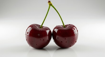 Two ripe cherries with stems on white background close up