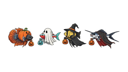 Spooky Halloween Fish Costumes: Four creatively adorned fish, each embracing the spirit of Halloween with playful costumes. The characters celebrate holiday with charm and detail. 