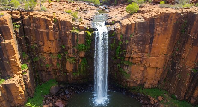 Waterfall cascading down a rugged cliff face with surrounding vegetation