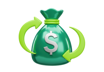Isolated green money bag with dollar sign and looping arrows represents cash flow or exchange