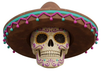 Isolated Day of the Dead Sugar Skull with Sombrero hat. Dia de los Muertos celebration.