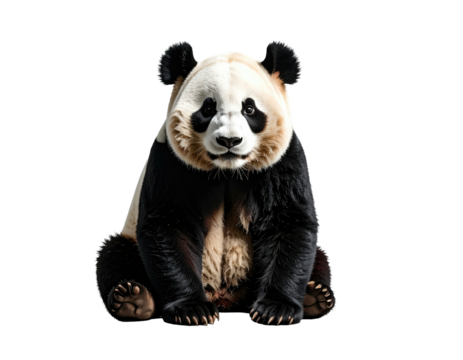 A seated giant panda with black and white fur against a stark black background