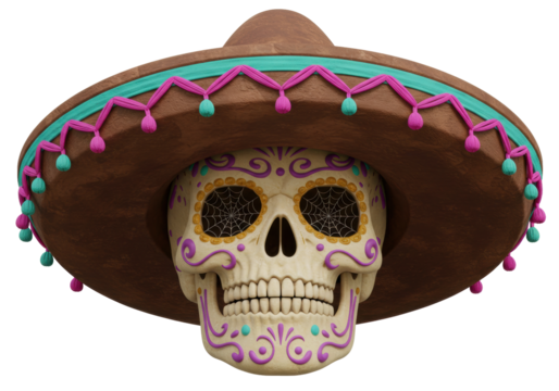 Isolated Day of the Dead Sugar Skull with Sombrero hat. Dia de los Muertos celebration.