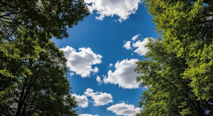 Fototapeta premium Stunning blue sky peeks through lush green trees, evoking summer adventures and peaceful nature escapes on a bright sunny day, creating happy serene feelings