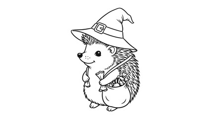 Magical Hedgehog: An adorable hedgehog, adorned with a whimsical witch hat, carries a small bag, ready for festive fun. a playful.