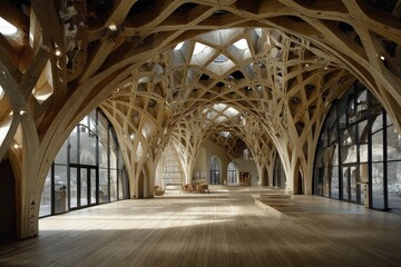 Fototapeta premium Light-filled wooden hall with intricate vaulted ceiling