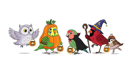 Festive Fowl Fiesta: A charming ensemble of avian companions decked out in whimsical Halloween costumes, each holding miniature jack-o'-lanterns, ready for a night of delightful trick-or-treating. 