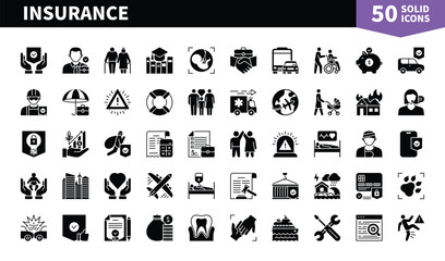 Set of 50 solid icons related to Insurance. Containing accident, service, policy, family, insurance agent, life insurance and more. Pictograms for web, mobile app and infographics