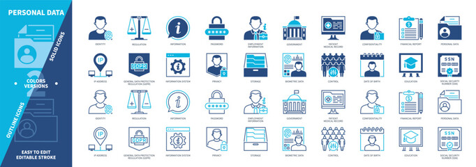 Personal Data icon set. Information, Biometric Data, Regulation, Identity, Social Security Number, Privacy, Password, Control. Duotone color solid and editable outline icons