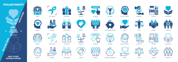Philanthropy icon set. Altruism, Charity, Generosity, Empathy, Ethics, Medicine, Wellness, Donation. Duotone color solid and editable outline icons
